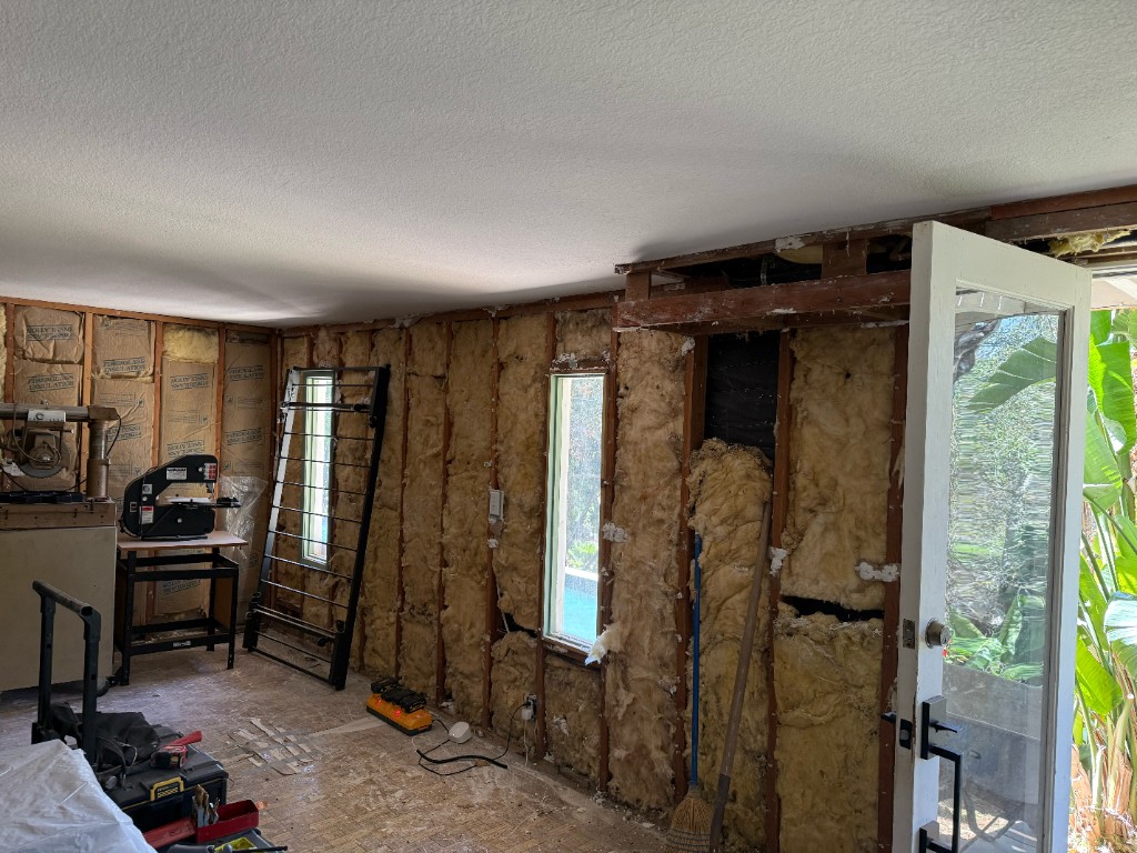 Walls stripped to the studs with old insulation still in place